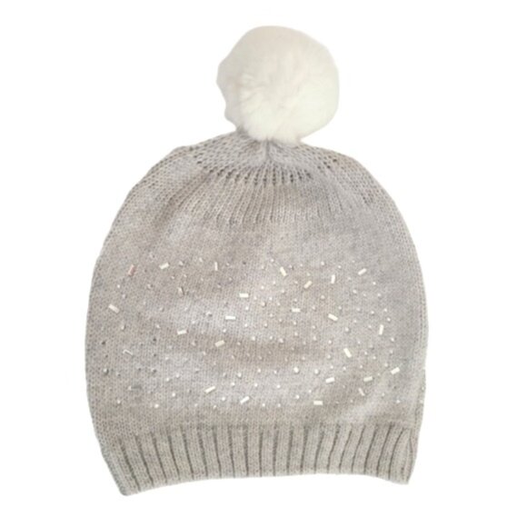 Grey Embellished Fashion Pom Pom Faux Fur Warm Fall Winter Beanie Hat Toque - Picture 1 of 5